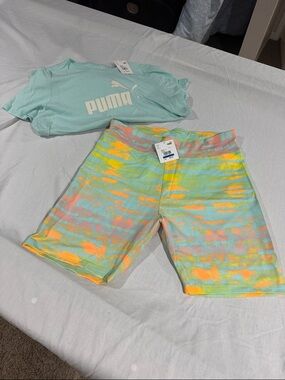 Puma Pastel Mint Logo Tee with Multicolor Tie-Dye Bike Shorts